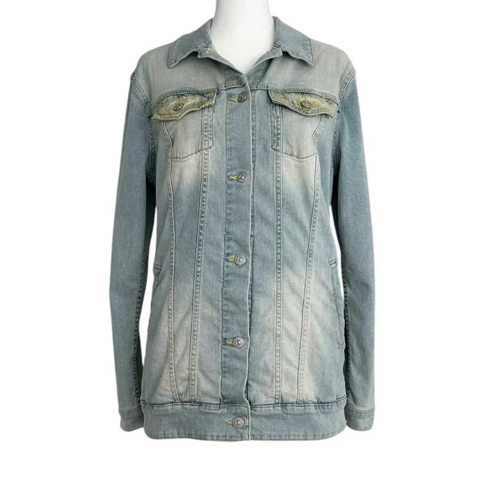 LuLaRoe Jaxon Light Wash Embroidered Denim Jacket (S)